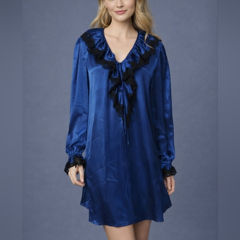Vtg SABRINA 1980s Blue Satin Black Lace Edwardian Jabot Mini Nightgown